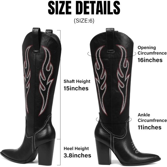 Women's Black Pu Rhinestones Embroidered Pointed Toe Chunky Heel Knee High Boots - Picture 6 of 7